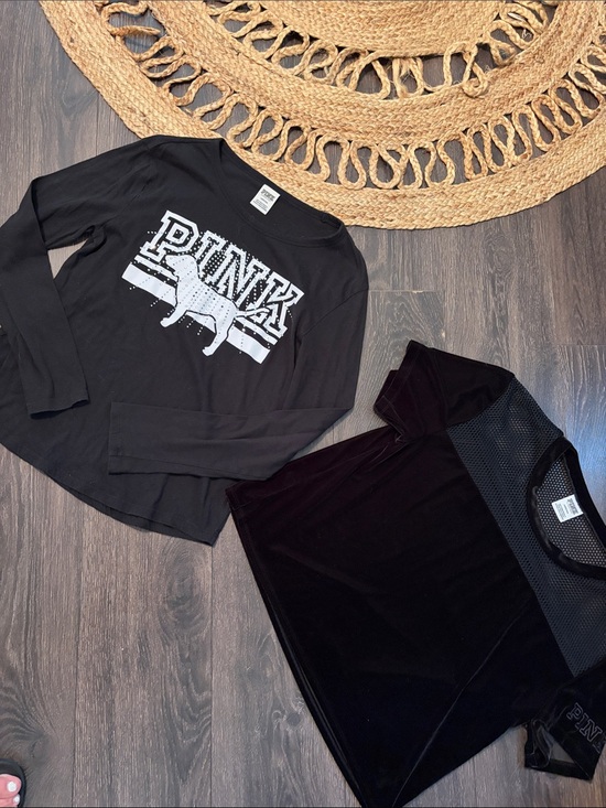 PINK Victoria's Secret Tops - PINK Victoria's Secret Black Velvet Mesh Panel Tee|Long Sleeve Bling Shirt Lot L